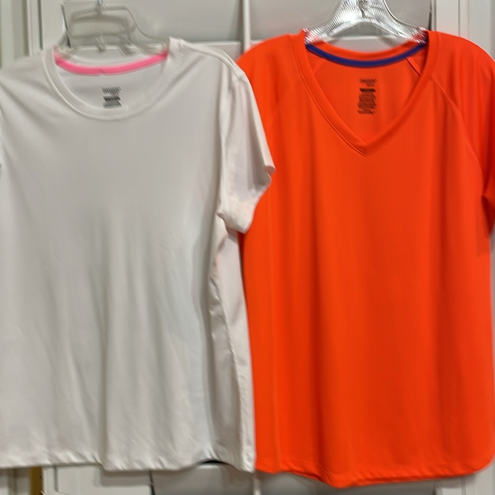 2 Danskin Short Sleeve Sports Tops XL, V- Neck Bright Orange, Round Neck White.